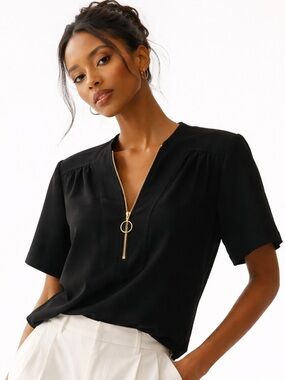 Trina Turk Black Short Sleeve Top with Gold Zipper